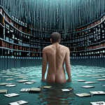 **A data scientist overwhelmed by a flood of data, needing a strong data storage "dam" to manage it, visualized as a literal dam holding back a torrent of numbers and code.**