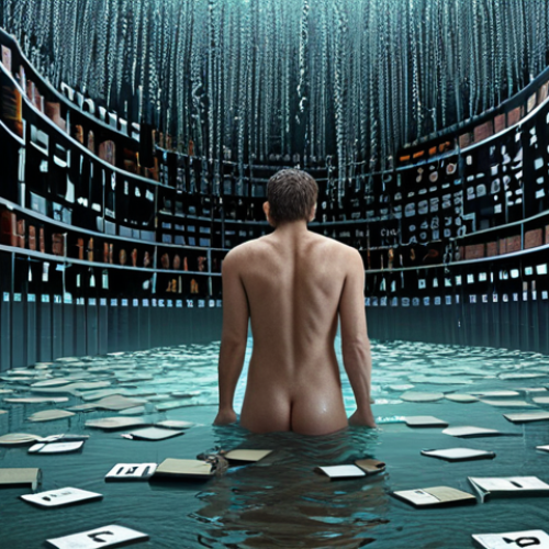 Home 4 **A data scientist overwhelmed by a flood of data, needing a strong data storage "dam" to manage it, visualized as a literal dam holding back a torrent of numbers and code.**