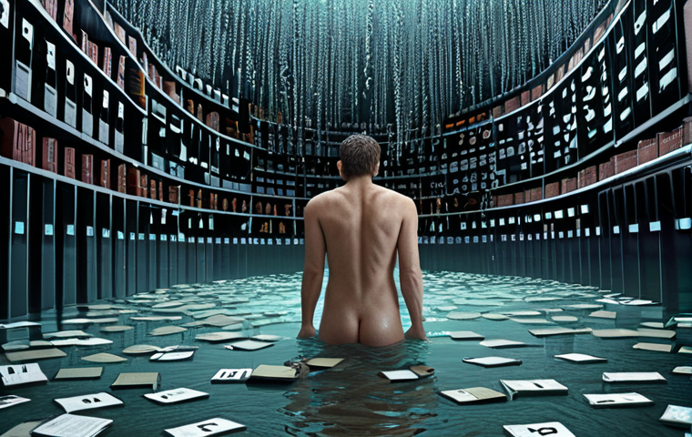 **A data scientist overwhelmed by a flood of data, needing a strong data storage "dam" to manage it, visualized as a literal dam holding back a torrent of numbers and code.**