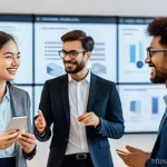 데이터과학자로서 필요한 네트워킹 팁 - **Prompt:** A dynamic and diverse group of five data scientists, aged 25-45, in a brightly lit, mode...