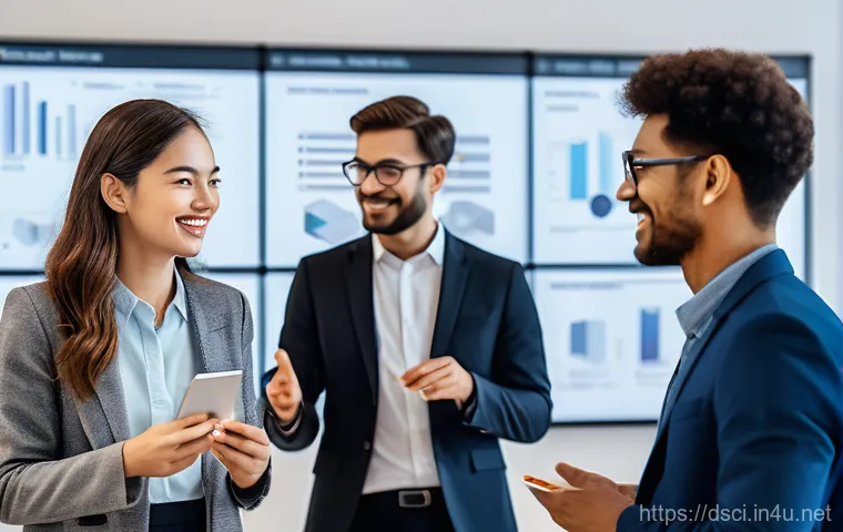 데이터과학자로서 필요한 네트워킹 팁 - **Prompt:** A dynamic and diverse group of five data scientists, aged 25-45, in a brightly lit, mode...