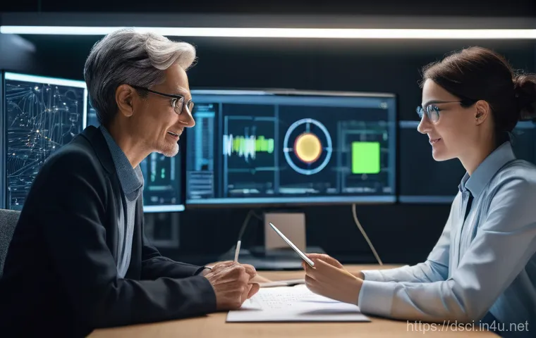 데이터과학자로서 필요한 네트워킹 팁 - **Prompt:** A dynamic and diverse group of five data scientists, aged 25-45, in a brightly lit, mode...