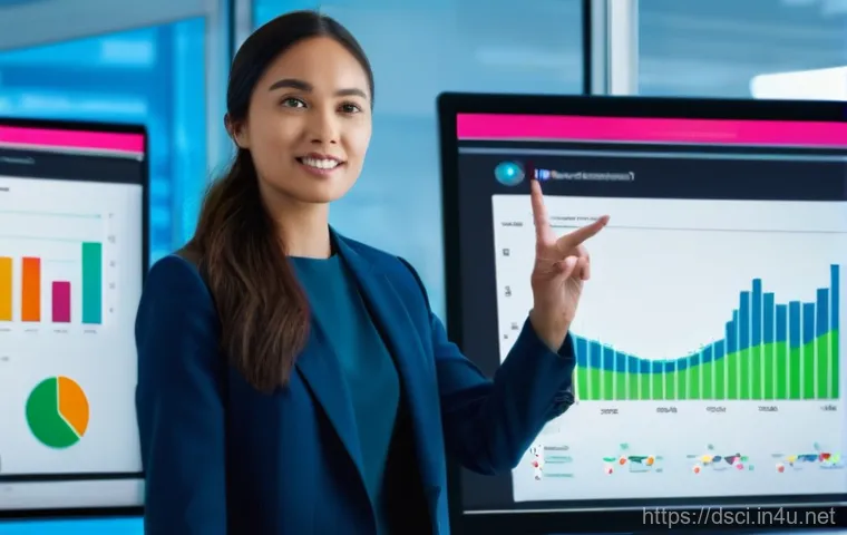 데이터과학자 연봉 협상 팁 - **Image Prompt 1: Data-Driven Performance Showcase**
A confident young data scientist, dressed i...