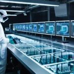 데이터과학 업무에서의 데이터 품질 관리 - A futuristic, pristine semiconductor AI factory floor. Advanced robotic arms are meticulously workin...