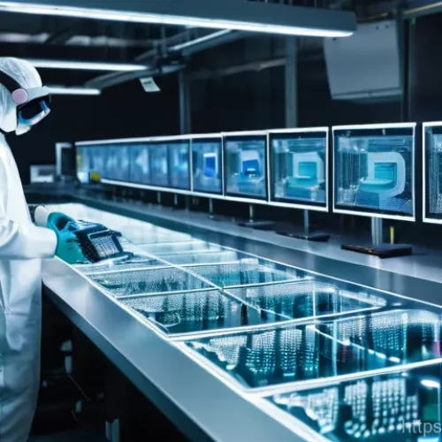 Home 1 데이터과학 업무에서의 데이터 품질 관리 - A futuristic, pristine semiconductor AI factory floor. Advanced robotic arms are meticulously workin...