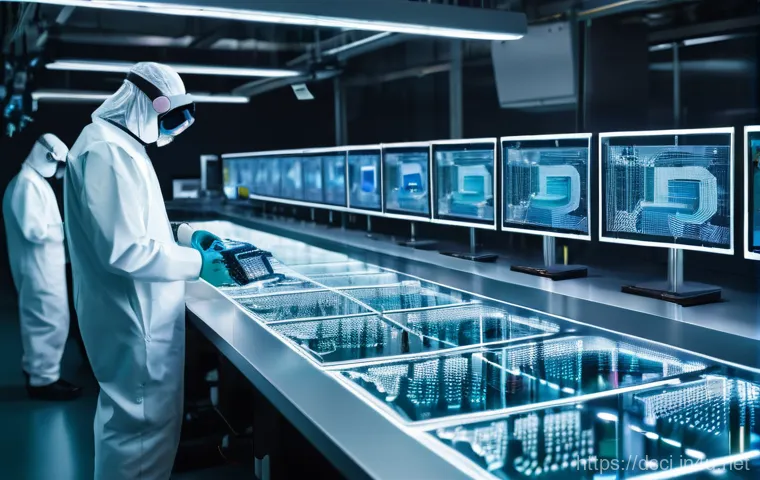 데이터과학 업무에서의 데이터 품질 관리 - A futuristic, pristine semiconductor AI factory floor. Advanced robotic arms are meticulously workin...